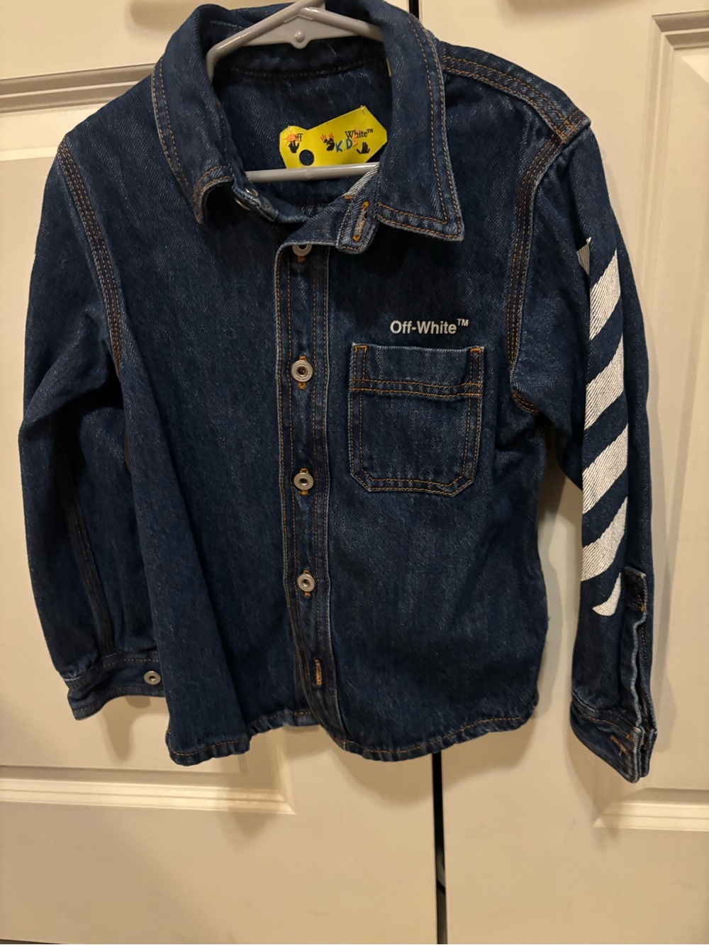 Off-White Kids Dark Blue Denim Jacket with White Sleeve Stripes